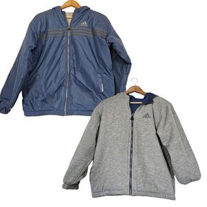 Vtg 90s Adidas Kids Reversible Puffer Jacket Boys L Blue Fleece Logo 3 Stripe